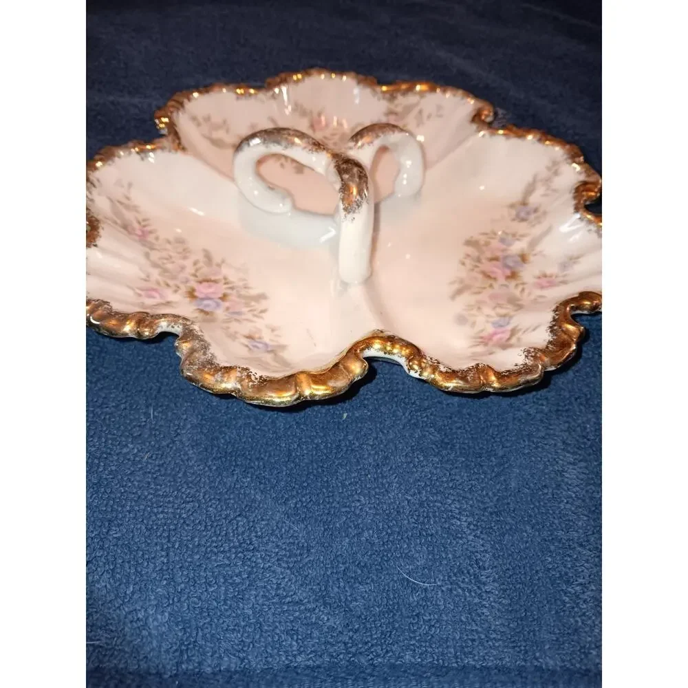 Lefton Hand Painted 3 Handled Divided Candy Dish Pink Blue Roses Gold Trim 7056